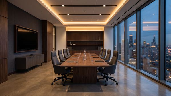 Leerer Konferenzraum mit langem Tisch und Blick über die Stadt