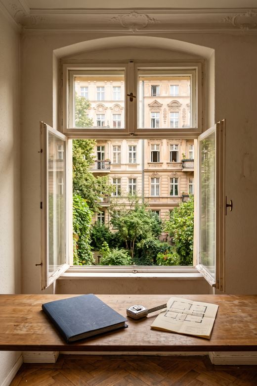 Blick aus einem Berliner Altbaufenster in den Hof, davor Unterlagen und ein Bandmaß auf dem Tisch